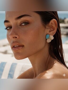 Gold-Trim Blue and Cream Floral Statement Earrings